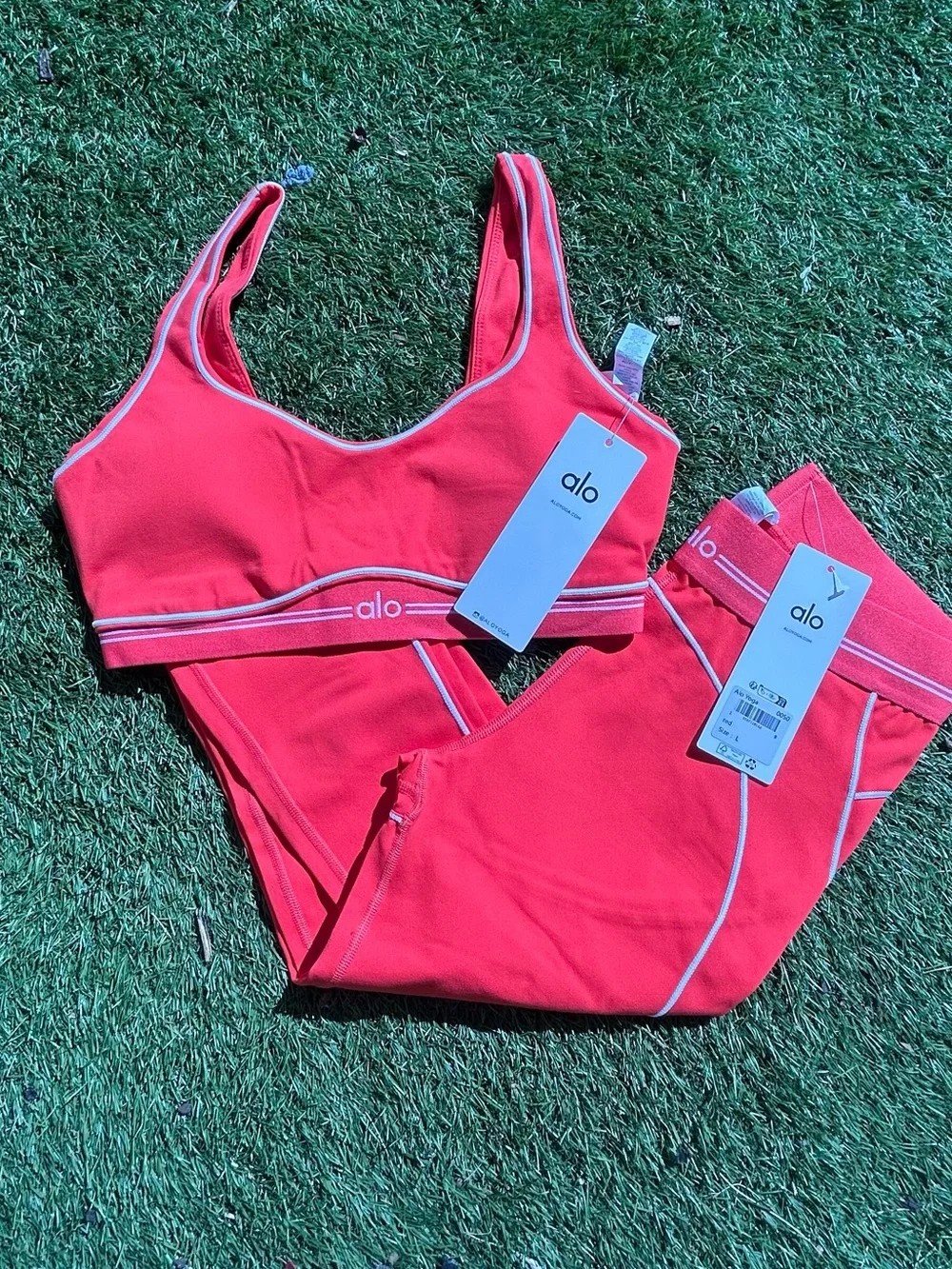 ALO Yoga Coral-Pink Sports Bra and Leggings Set